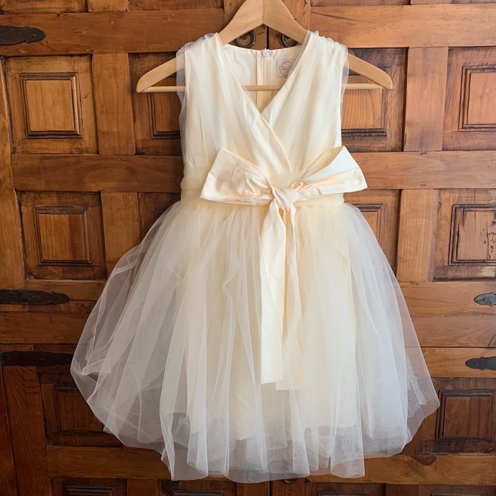 Think Pink Bows Ivory, Fall or Winter White Girls Tulle Dress w/wrap front